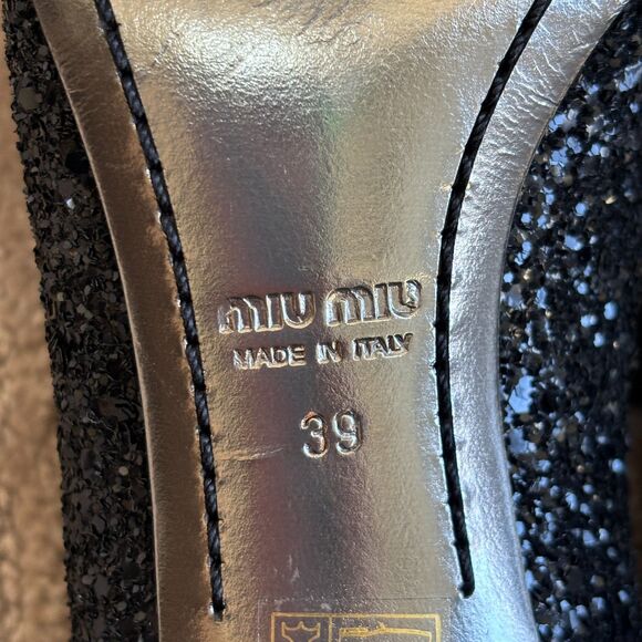 Miu Miu Glitter-Covered Leather Peep-Toe Oxford Pumps Women's 39 Black Italy - Picture 8 of 10